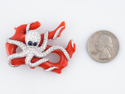 Octopus Brooch Modern 63.94 Coral & 2.68 Round Brilliant Diamonds in 18k White Gold