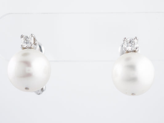 **RTV1/10/19**Earrings Modern Pearl & .64 Radiant Square Cut Diamonds in Platinum