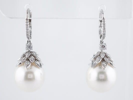 Earrings Modern Pearl & 1.34 Round Brilliant Cut Diamonds in Platinum