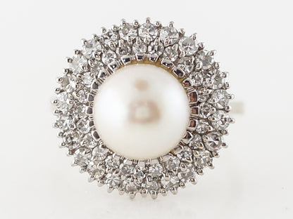 **RTV 1/9/19**Vintage Cocktail Ring Mid-Century Pearl & .91 Single Cut Diamonds in 18k White Gold