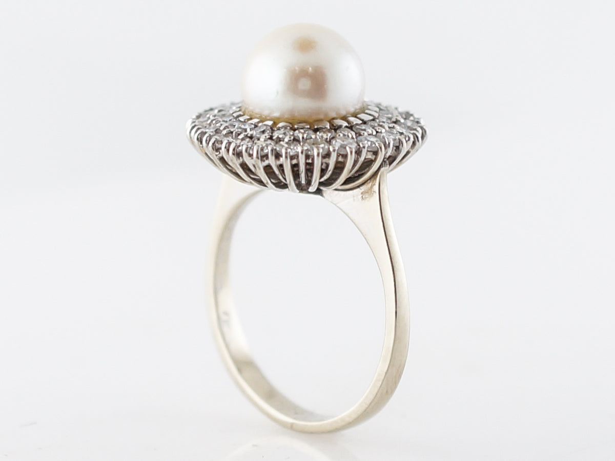 **RTV 1/9/19**Vintage Cocktail Ring Mid-Century Pearl & .91 Single Cut Diamonds in 18k White Gold