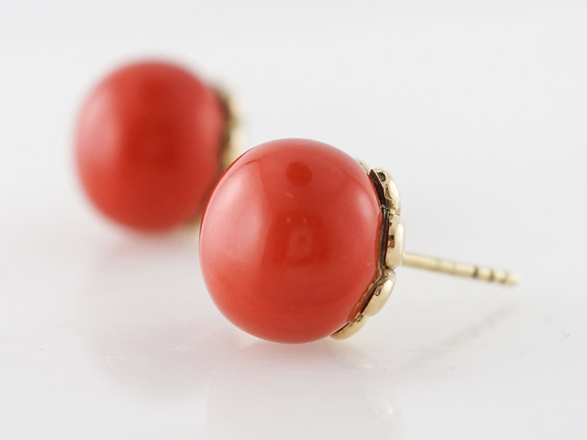 **RTV 1/9/19**Antique Earrings Victorian 23.70 Cabochon Cut Oxblood Coral in 14k Yellow Gold