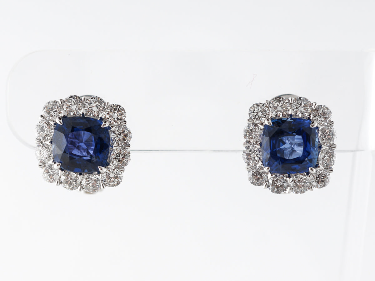 6 Carat Sapphire Earrings w/ Diamond Halo in Platinum