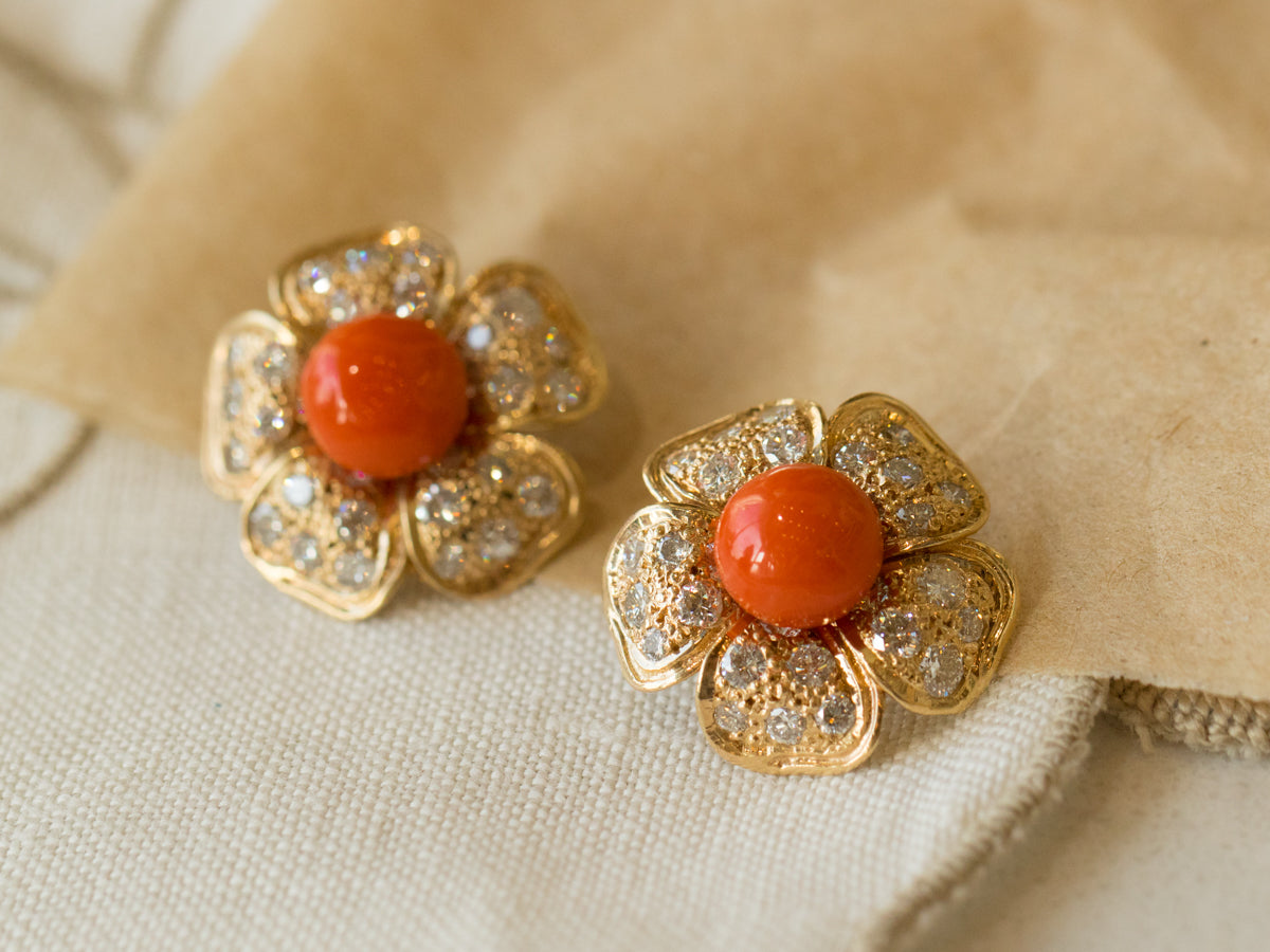 Coral and Diamond Flower Earrings in 14k Yellow Gold