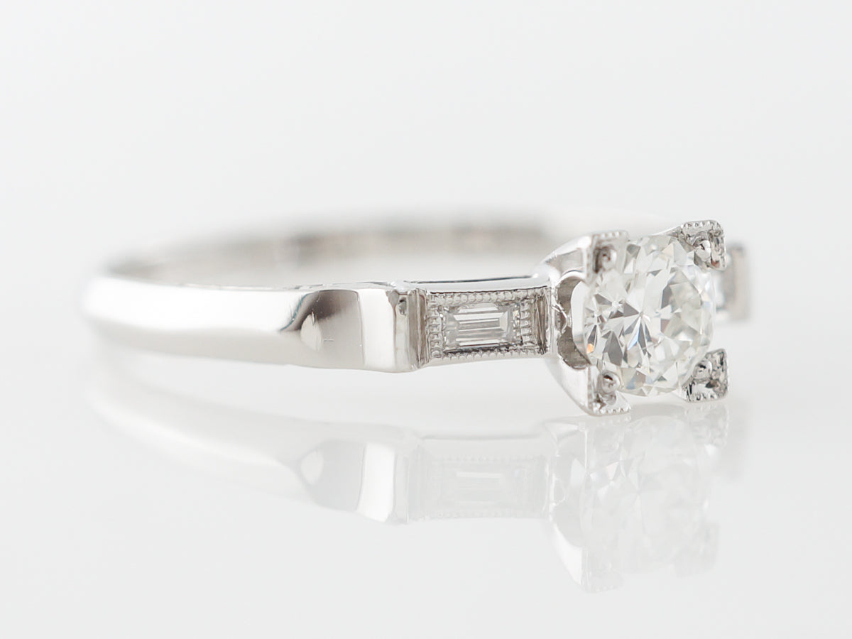 Solitaire Engagement Ring w/ Baguette Cut Diamonds Vintage Art Deco