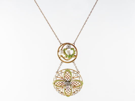 Vintage Art Nouveau Diamond & Pearl Necklace in Yellow Gold
