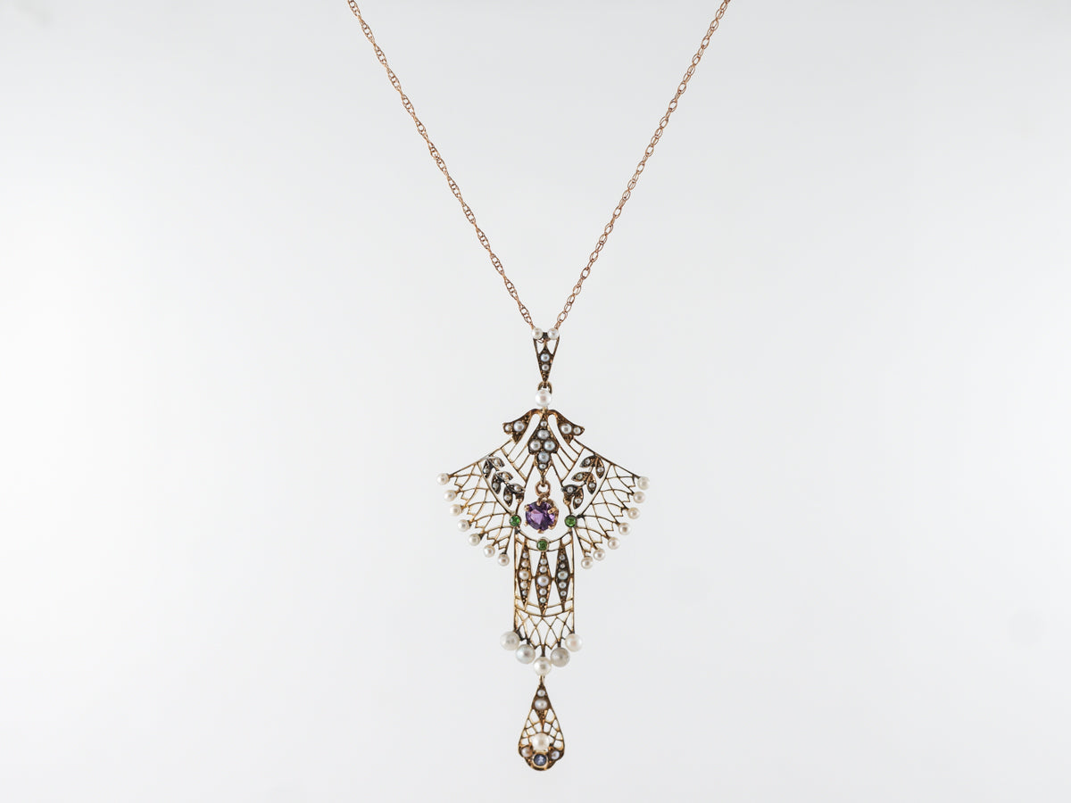 Vintage Art Nouveau Necklace w/ Amethyst & Seed Pearls in Rose Gold