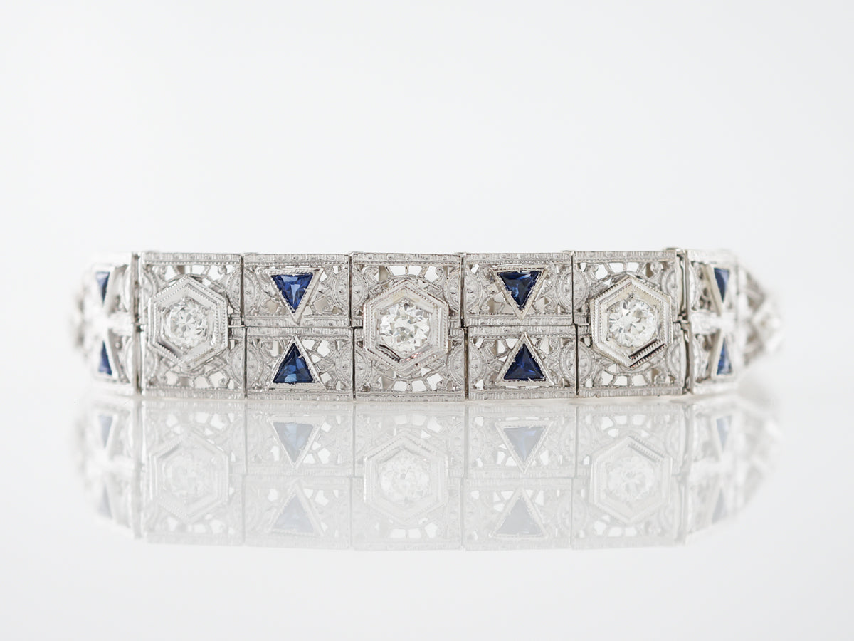 Vintage Bracelet Art Deco .76 Old European Cut Diamond & Sapphire in Platinum & 14k White Gold