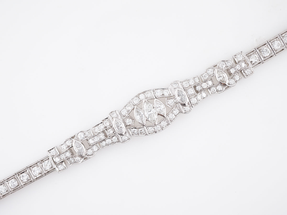 Antique Bracelet Art Deco 6.65 Marquise Cut & Round Brilliant Cut Diamonds in Platinum
