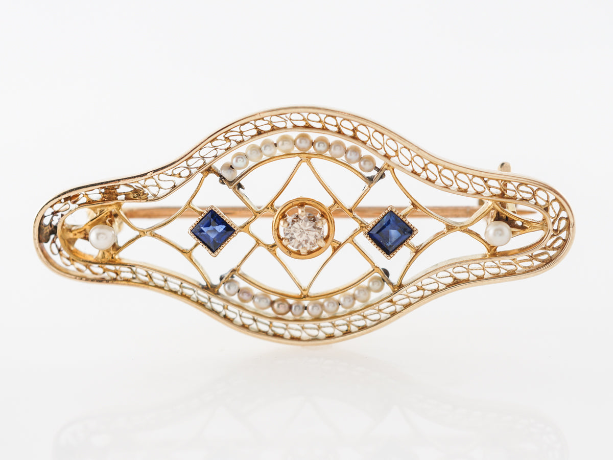 Art Deco Brooch w/ Diamonds, Sapphires & Pearls