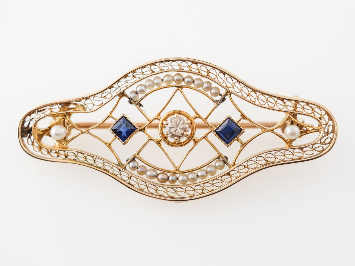 Art Deco Brooch w/ Diamonds, Sapphires & Pearls