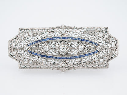 Antique Brooch Art Deco .67 Transitional Cut Diamonds & .90 French Cut Sapphire in 14k White Gold