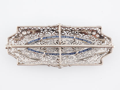 Antique Brooch Art Deco .67 Transitional Cut Diamonds & .90 French Cut Sapphire in 14k White Gold