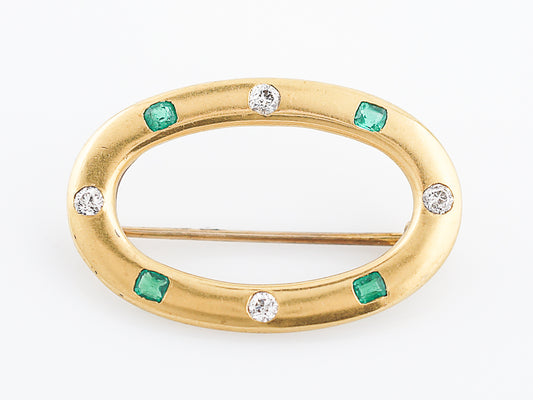 Antique Brooch Art Nouveau .24 Old European Cut Diamond & .24 Emerald Cut Emerald in 14k Yellow Gold