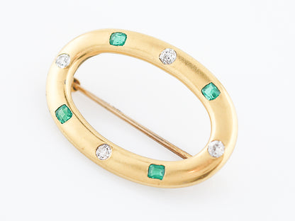 Antique Brooch Art Nouveau .24 Old European Cut Diamond & .24 Emerald Cut Emerald in 14k Yellow Gold