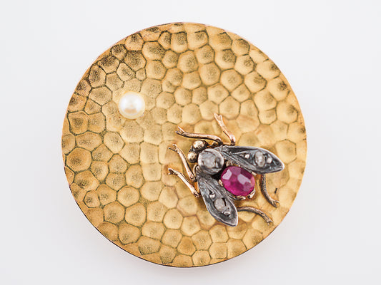 Antique Bug Pin Victorian .15 Oval Cut Ruby, .03 Single Cut Diamond & Pearl in 18k Yellow Gold