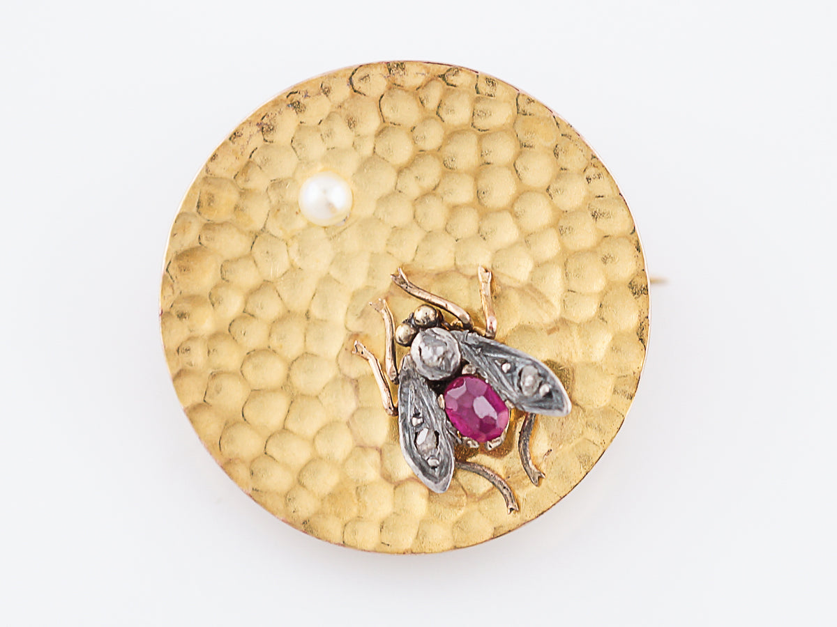 Antique Bug Pin Victorian .15 Oval Cut Ruby, .03 Single Cut Diamond & Pearl in 18k Yellow Gold