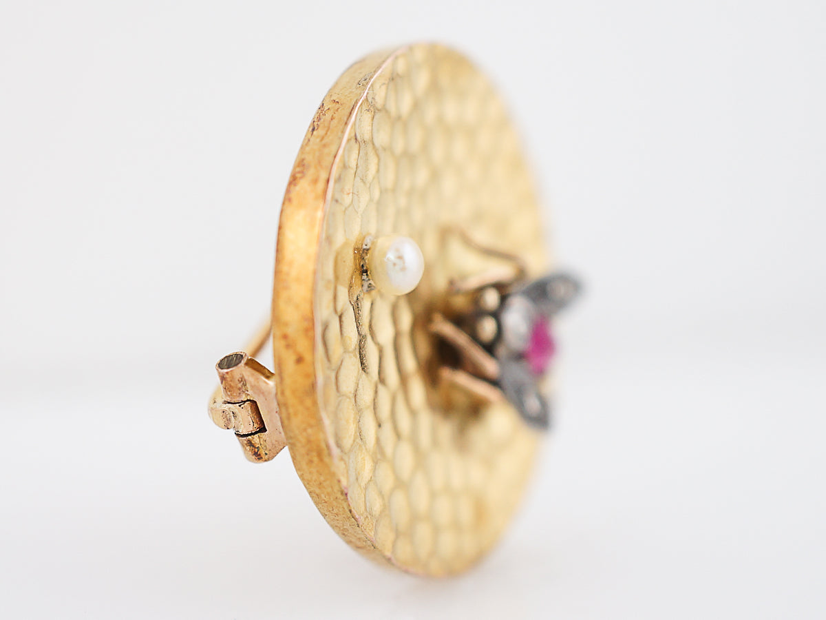 Antique Bug Pin Victorian .15 Oval Cut Ruby, .03 Single Cut Diamond & Pearl in 18k Yellow Gold
