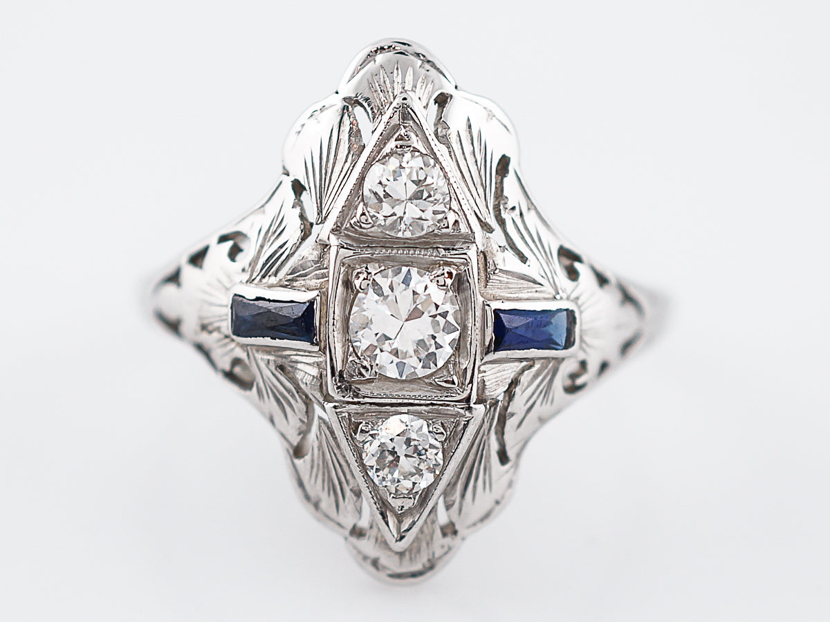 Antique Cocktail Ring Art Deco .47 Old European Cut Diamond & .18 Baguette Cut Sapphire in 18k White Gold