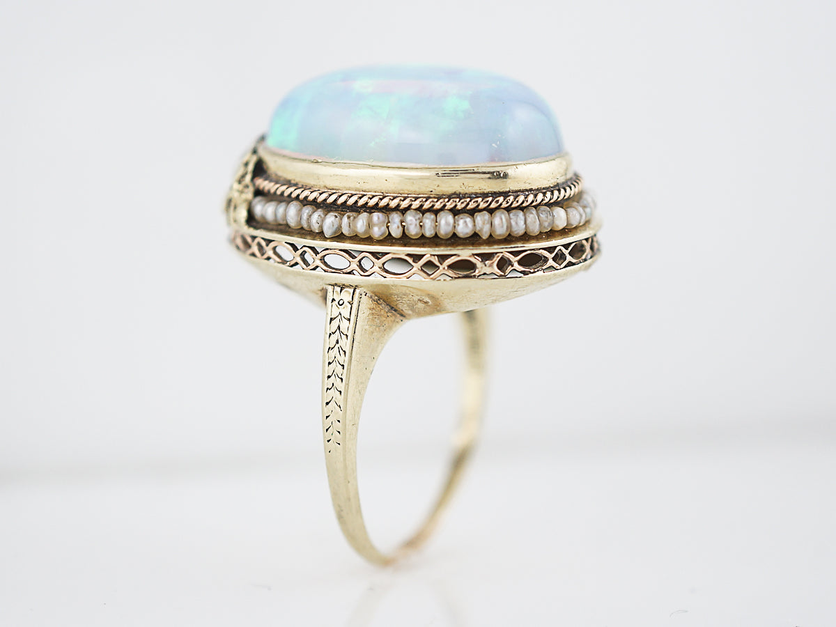Antique Cocktail Ring Art Deco 20 Carat Cabochon Cut Opal in 14k Yellow Gold