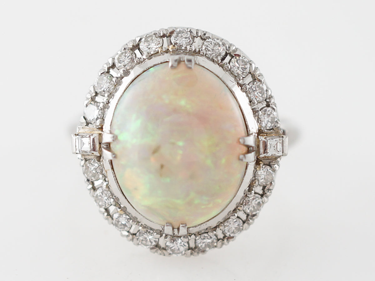 Vintage Cocktail Ring Art Deco 3.25 Cabochon Cut Opal in Platinum