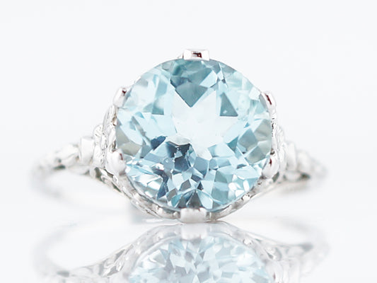 Antique Cocktail Ring Art Deco 4.80 Round Brilliant Cut Aquamarine in 14k White Gold