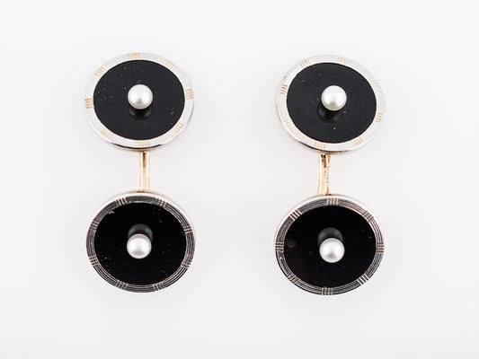 Antique Cufflinks Art Deco Onyx & Pearl Stud Set in 14k Yellow Gold