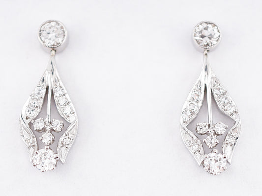 Antique Dangle Earrings Art Deco 1.65 Old European & Single Cut Diamonds in 14k White Gold