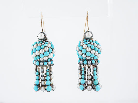Antique Earrings Victorian Cabochon Cut Turquoise & Pearls in 14/15K Yellow Gold