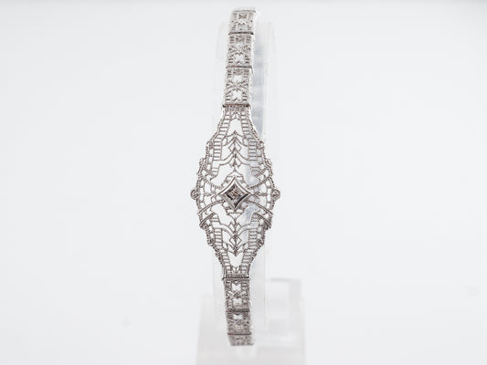 1920's Filigree Bracelet w/ Single Cut Diamond in 10k White Gold