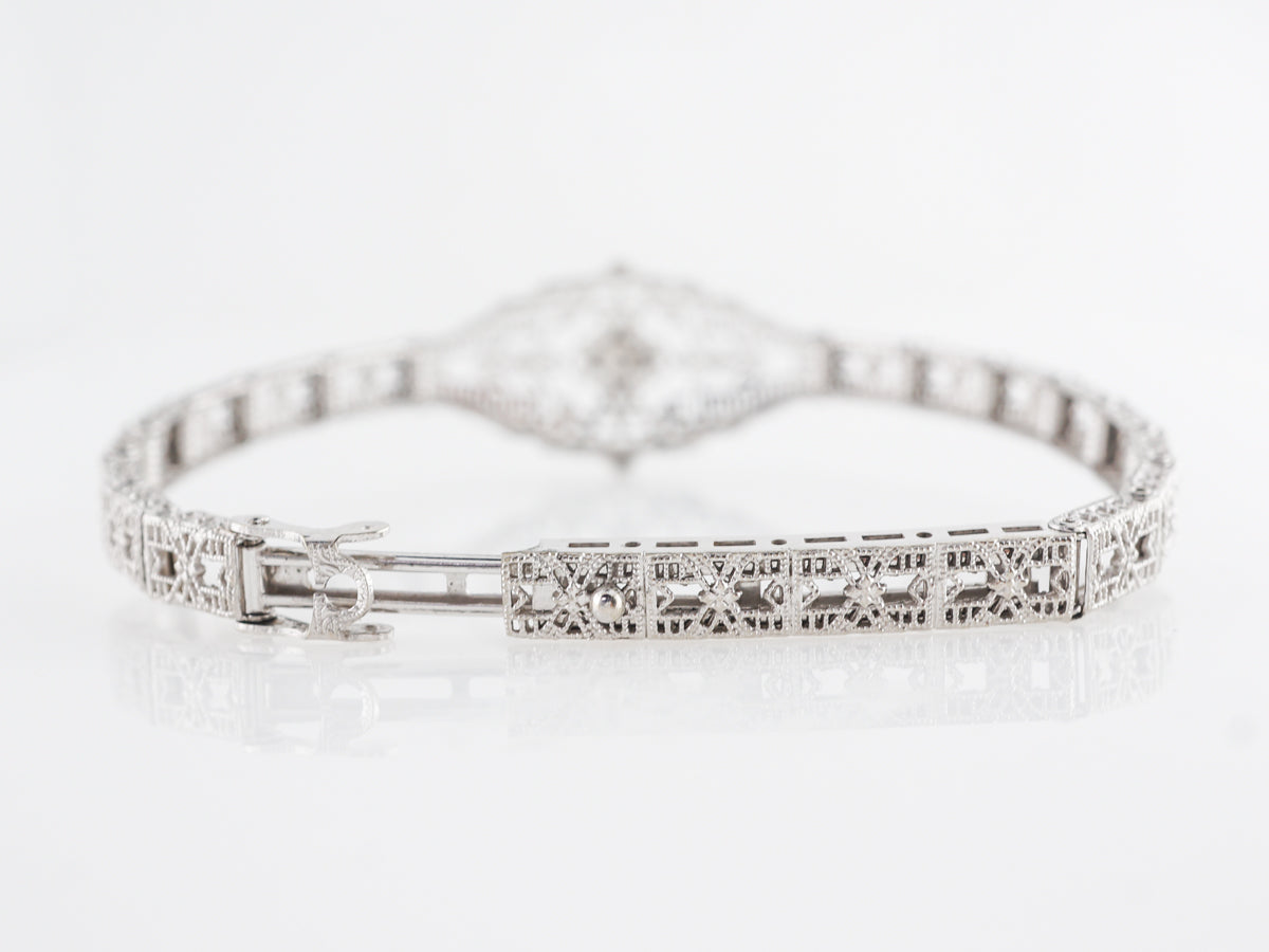 1920's Filigree Bracelet w/ Single Cut Diamond in 10k White Gold