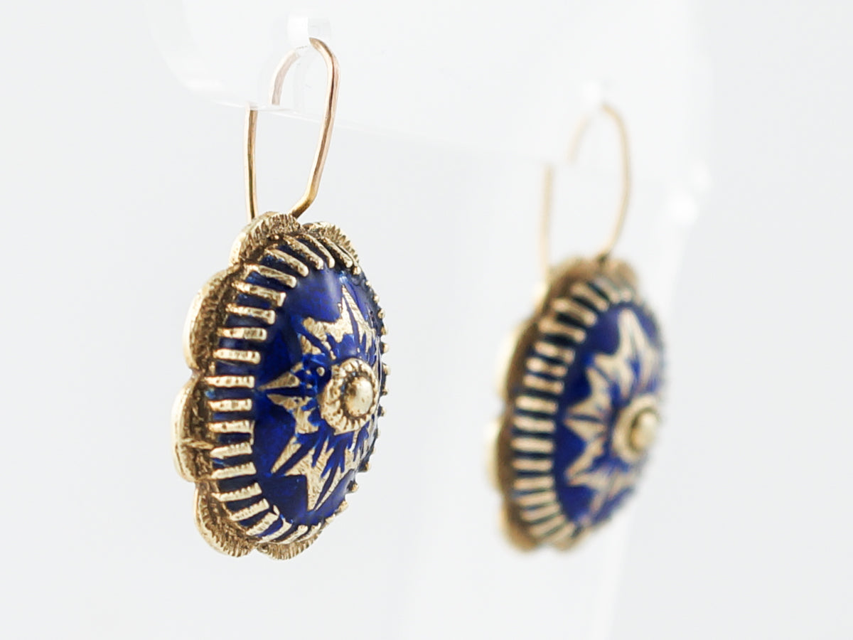 Antique Earrings Victorian Blue Enamel in 14k Yellow Gold