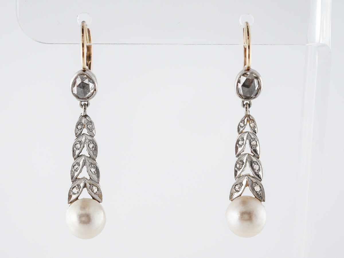 Antique Earrings Victorian Pearls &amp; .82 Rose Cut Diamonds in 14k Yellow Gold &amp; Platinum