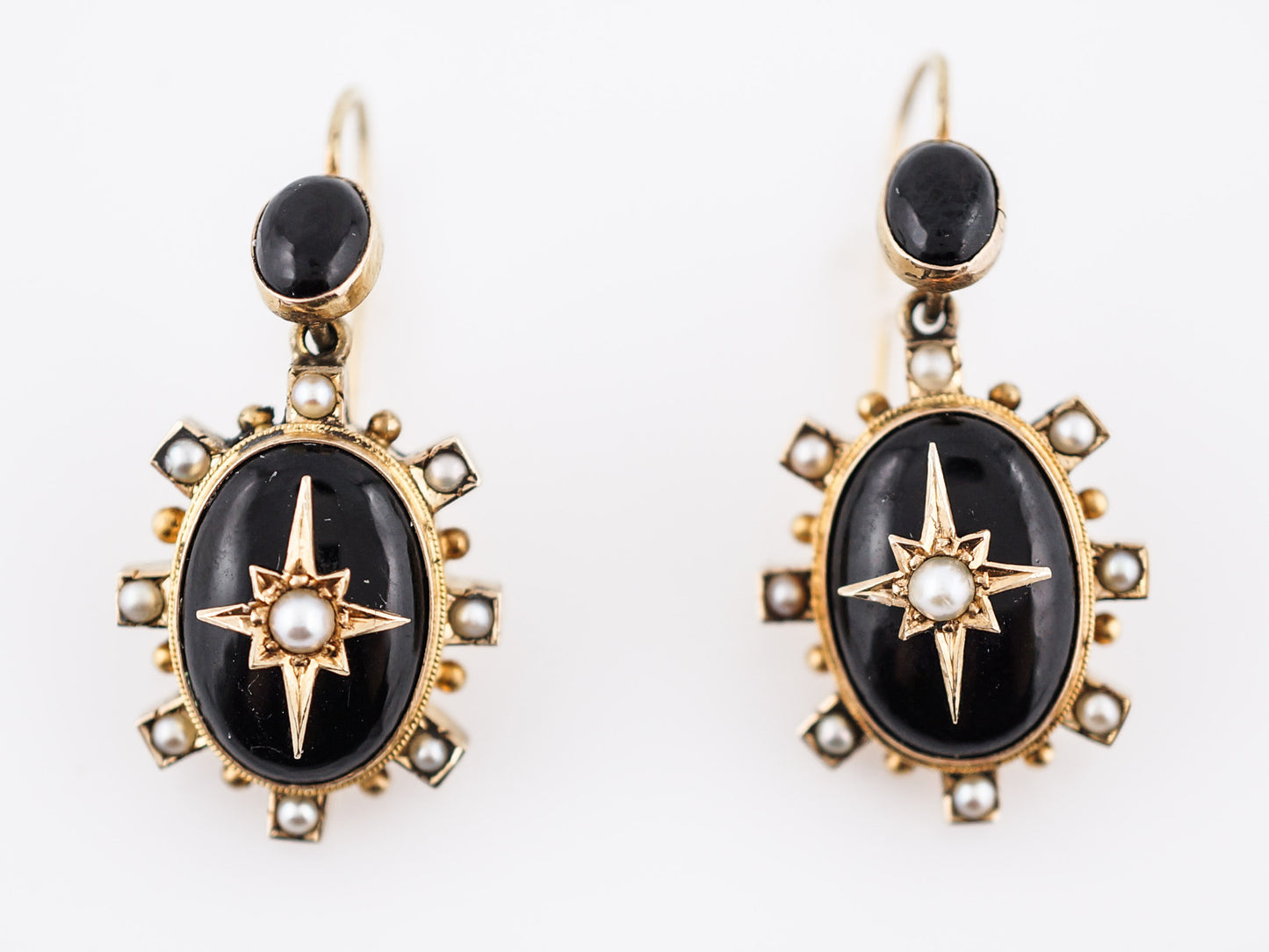 Antique Earrings Victorian Seed Pearl & Onyx in 15k Yellow Gold