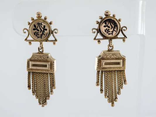 Antique Earrings Victorian Tassel Black Enamel in 14k Yellow Gold