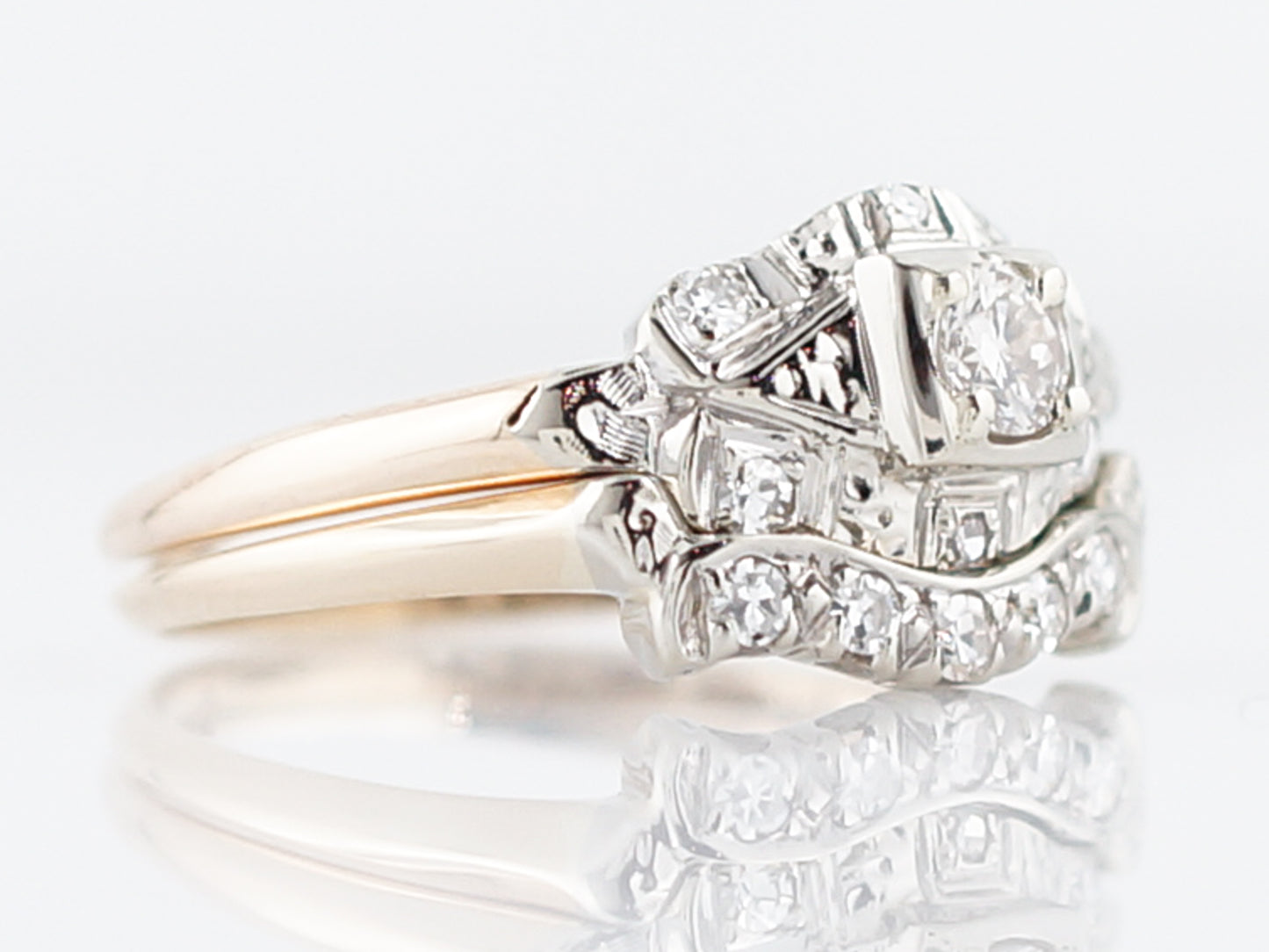 Vintage Engagement Ring Retro .14 Round Brilliant Cut Diamond in 14k Yellow & White Gold