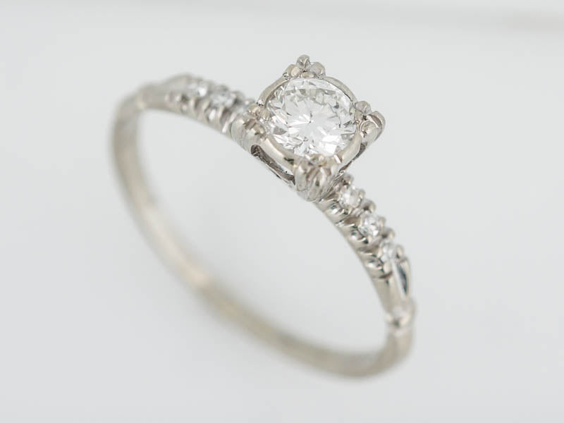 Antique Engagement Ring Art Deco .30 Round Brilliant Cut Diamond in 18k White Gold