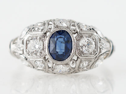 Vintage Cushion Cut Sapphire Filigree Engagement Ring in Platinum