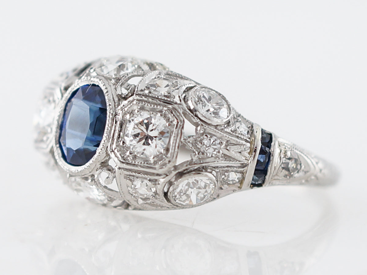 Vintage Cushion Cut Sapphire Filigree Engagement Ring in Platinum