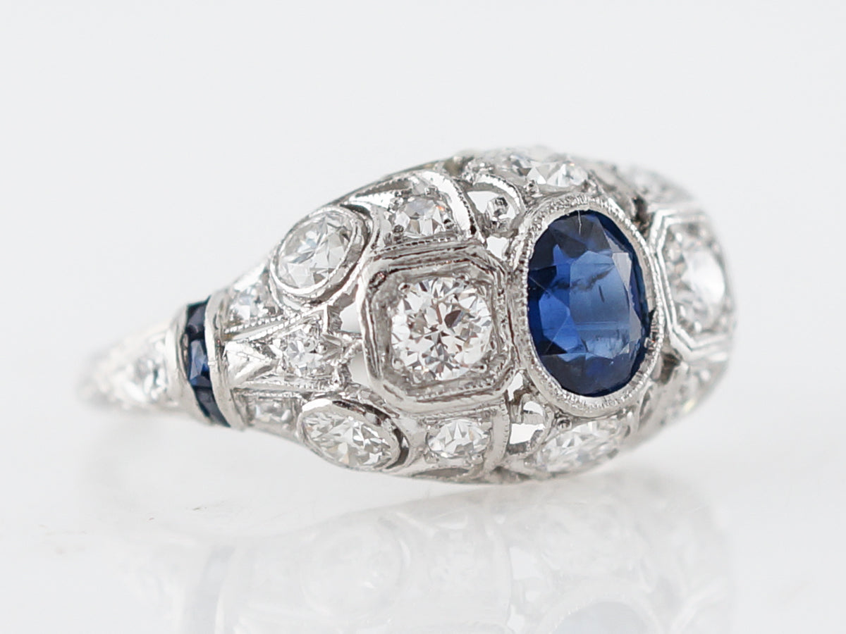 Vintage Cushion Cut Sapphire Filigree Engagement Ring in Platinum