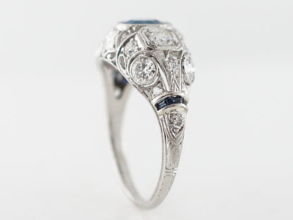 Vintage Cushion Cut Sapphire Filigree Engagement Ring in Platinum