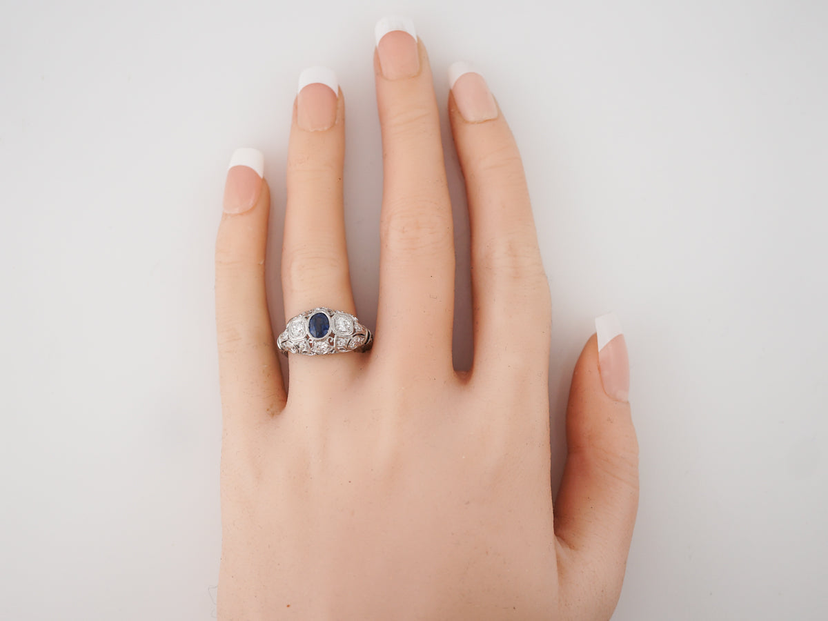 Vintage Cushion Cut Sapphire Filigree Engagement Ring in Platinum