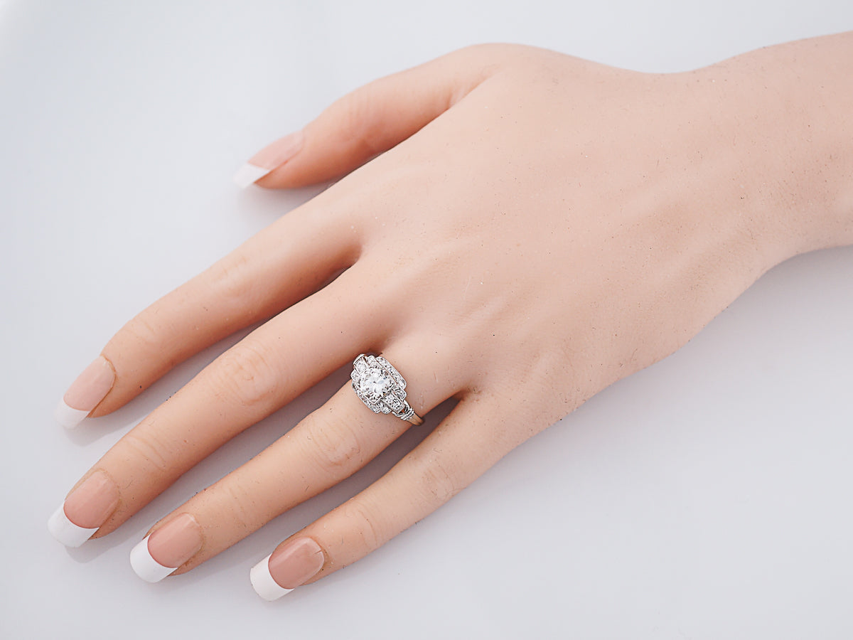 Antique Engagement Ring Art Deco .99 Round Brilliant Cut Diamond in 18k White Gold