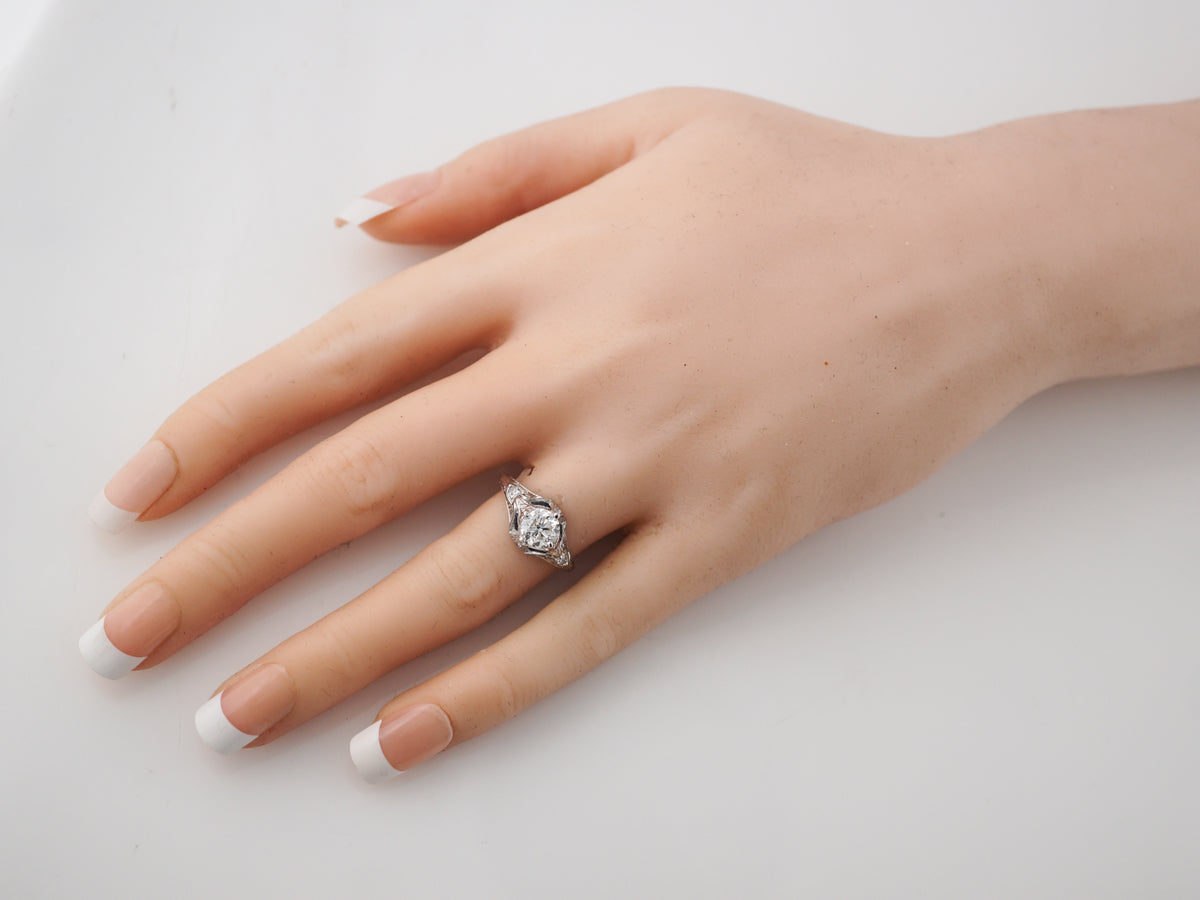 Antique Engagement Ring Art Deco 1.02 Transitional Cut Diamond in 18k White Gold & Platinum