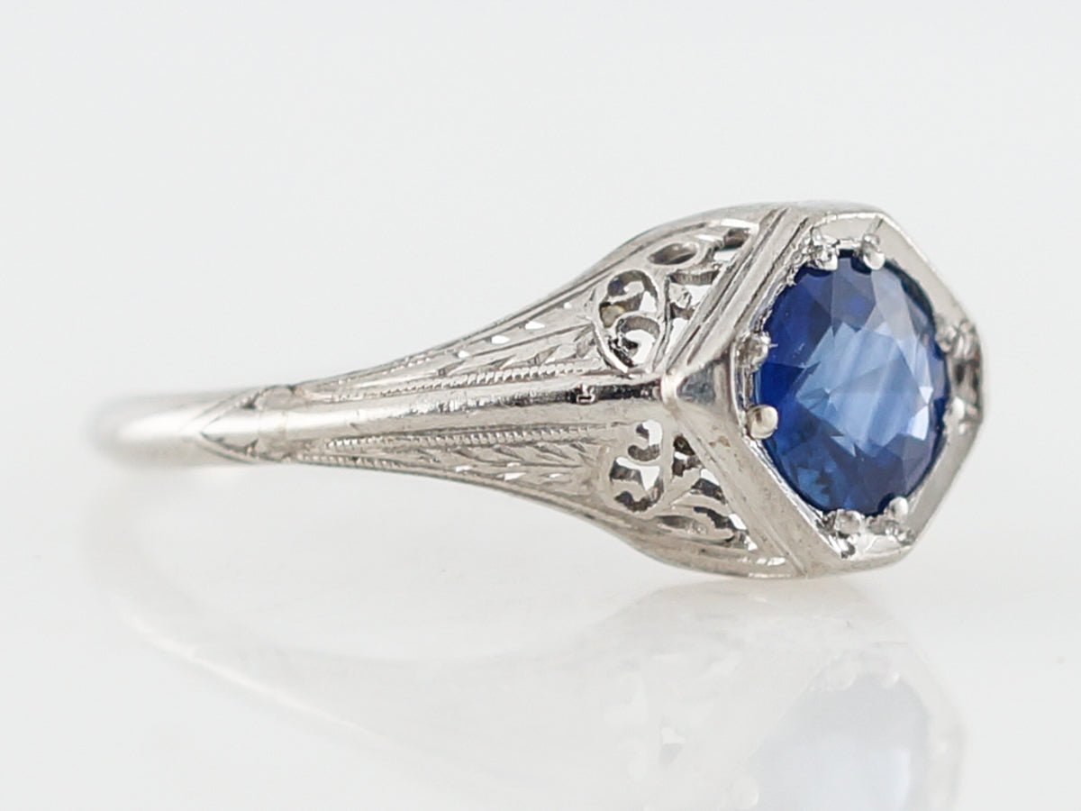 Antique Engagement Ring Art Deco 1.10 Round Cut Sapphire in Platinum
