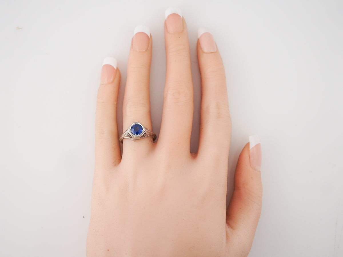 Antique Engagement Ring Art Deco 1.10 Round Cut Sapphire in Platinum
