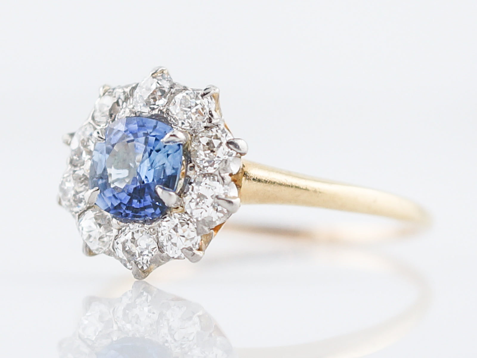 Antique Engagement Ring Edwardian .90 Round Cut Sapphire in 14k Yellow Gold & Platinum