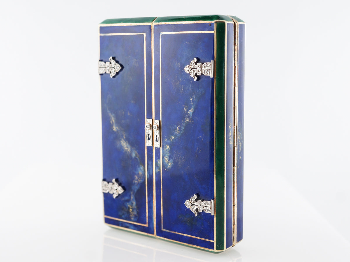 Antique French Cigarette Box w/ Diamonds, Jadeite & Lapis