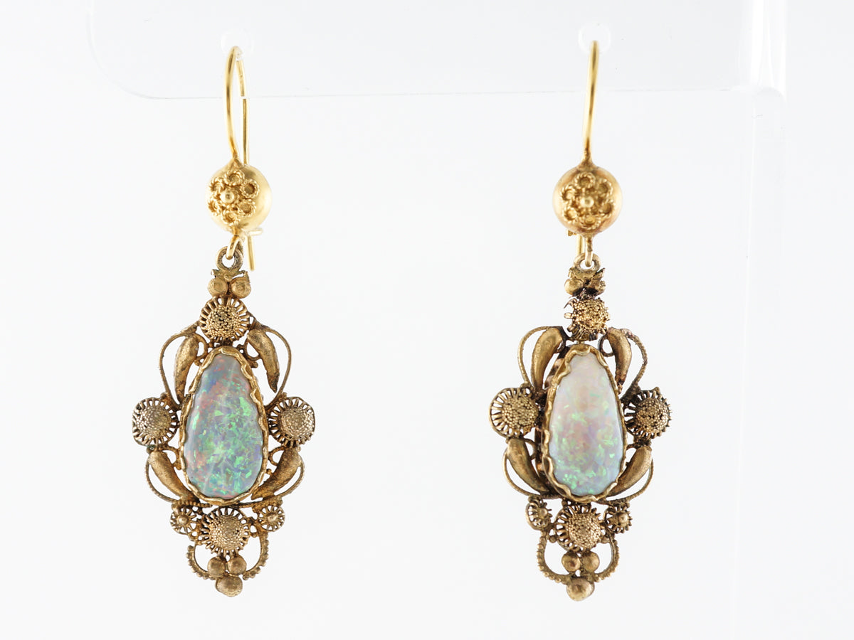 Antique Georgian Cannetille Earrings w/ Opals in 15k Yellow Gold