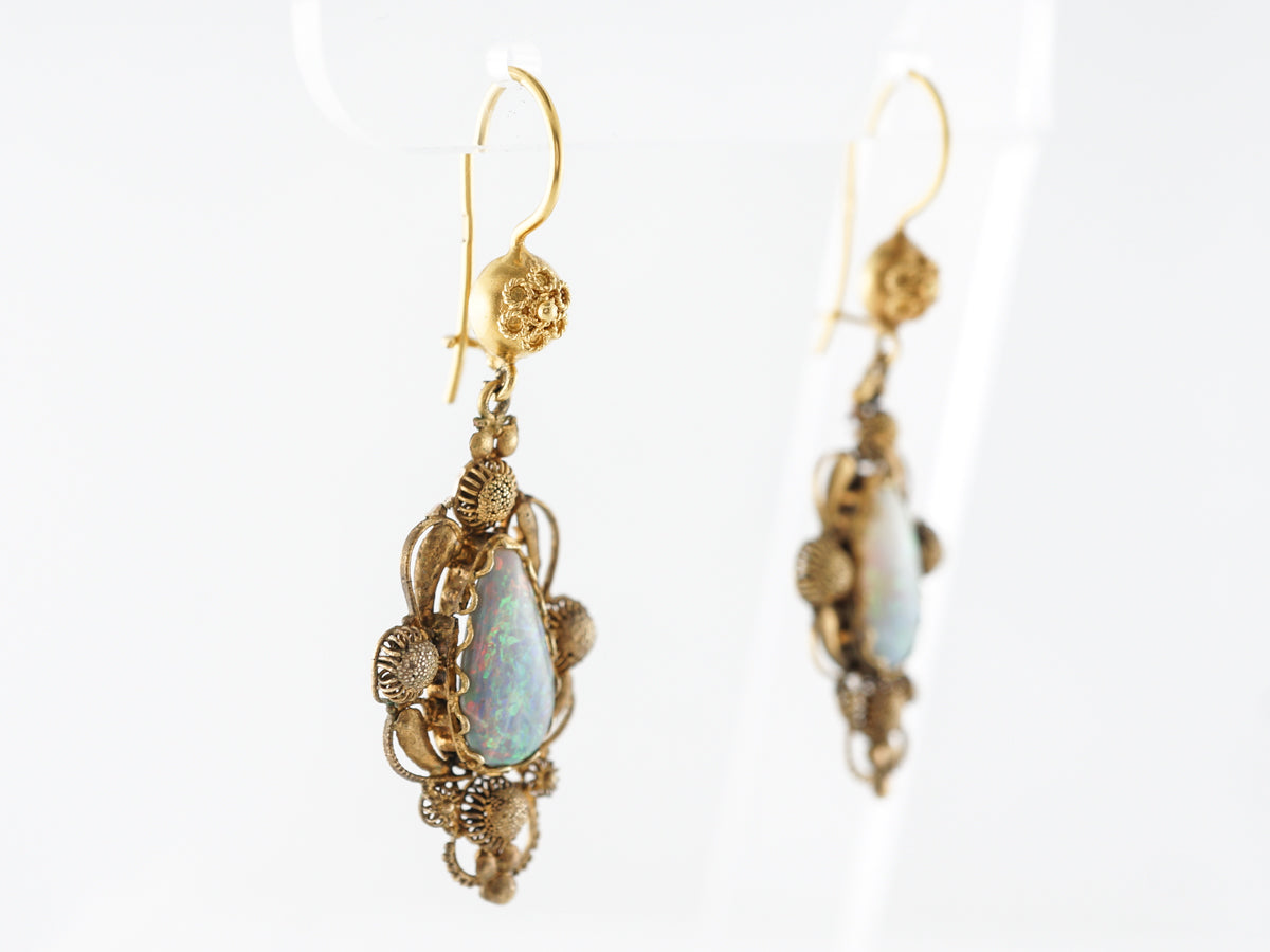 Antique Georgian Cannetille Earrings w/ Opals in 15k Yellow Gold